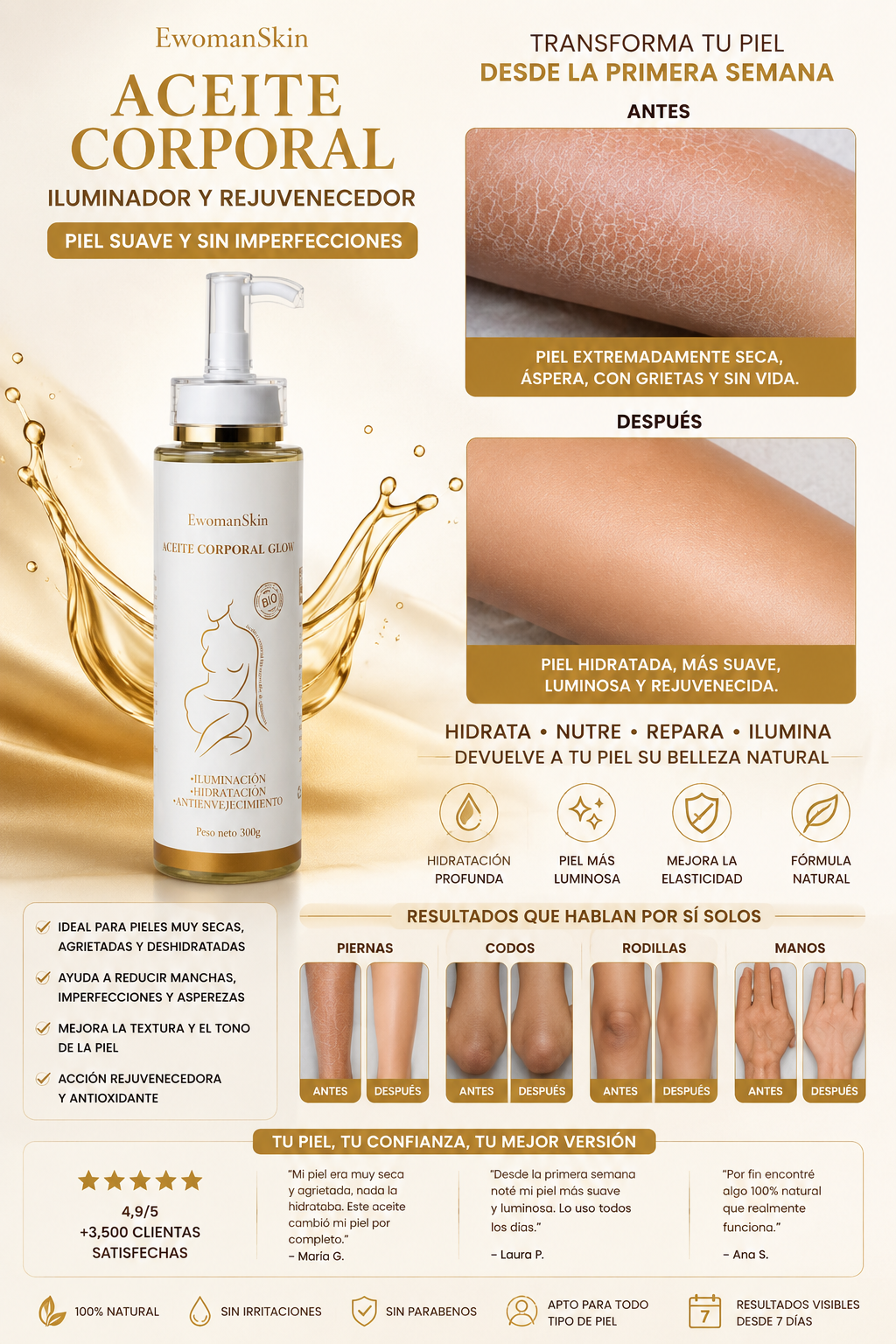 Aceite Corporal Iluminador y Rejuvenecedor – Piel Suave y Sin Imperfecciones